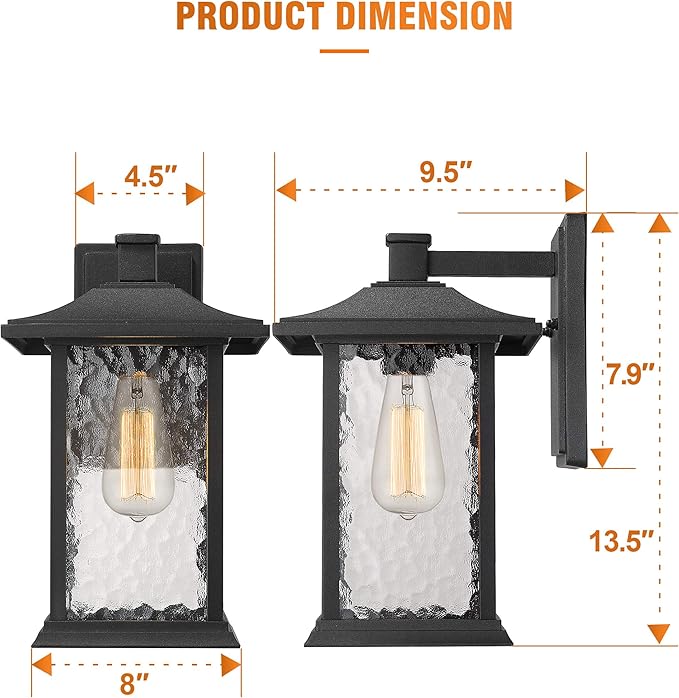 Beionxii Outdoor Light Fixture 14 inch Dusk to Dawn Exterior Wall Mount Lantern Outside Lights for House Patio Black Cast Aluminum w/Water Glass - A272W-1PK