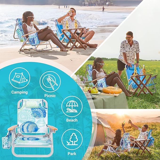 #WEJOY 2 Pack Aluminum Beach Chair with 4 Positions Backpack Beach Chair with Wooden Armrest Portable Reclining Chair with Cup HolderBack Storage Bag for Camp Lawn Pool Outdoor Trip (Cyan Green)