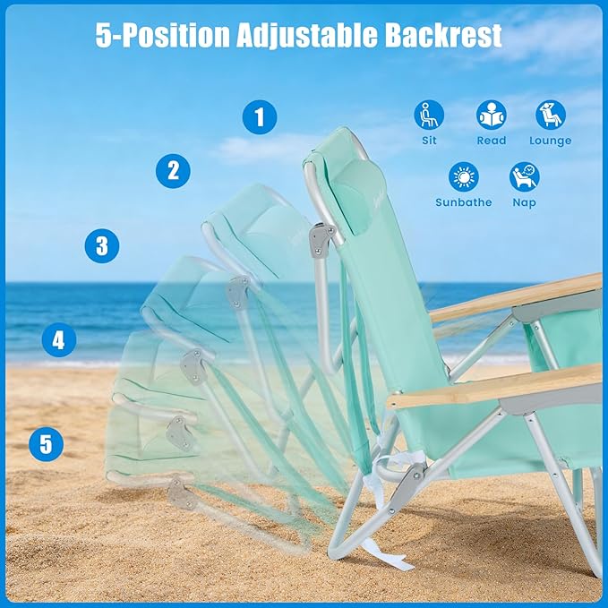 SUNNYFEEL Low Back Folding Beach Chair Aluminum Heavy Duty Beach Chair with 5-Position Portable Camping Chair for Adults with Wood Armrest Lightweight Camping Chair 300lbs Green