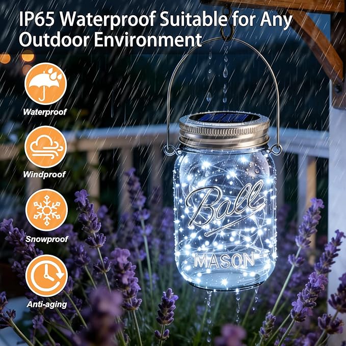 VOOKRY 12 Pack Solar Mason Jar Lights 30 LED Mason Jar Lids Waterproof Firefly Fairy String Lights with 12 Hangers(No Jars) for Outdoor Patio Garden Yard Lawn Party Wedding Decoration - Cool White