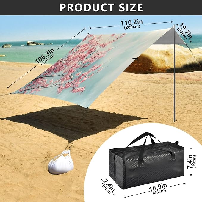 Cherry Blossom Tree Beach Tent Sun Shelter 9.2' x 10.5' Beach Canopy with 4 Sandbags 4 Stability Poles Sand Shovels - Tent Canopy for Beach Camping Fishing Picnics