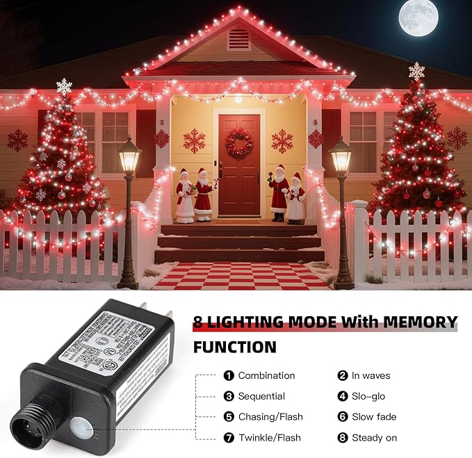 XTF2015 Christmas String Lights 105ft 300 LED Christmas Lights 8 Modes Memory Function &amp Timer- UL Certified - Outdoor Indoor Christma s Fairy Lights for Tree Garden Party Wedding(Red + White)