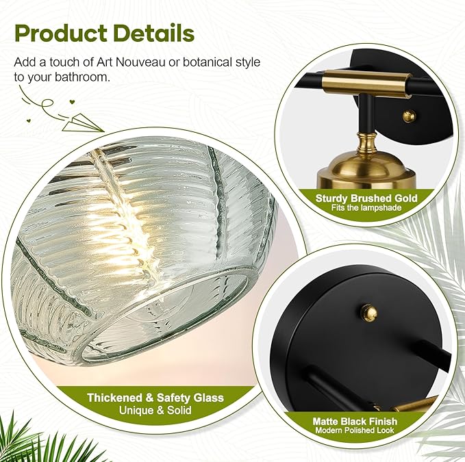 Bathroom Light Fixtures 3-Light Green Vanity Lights with Unique Leaf Texture Glass Shade Modern Matte Black and Gold Bathroom Wall Lamp for Mirror Hallway Cabinet Living Room