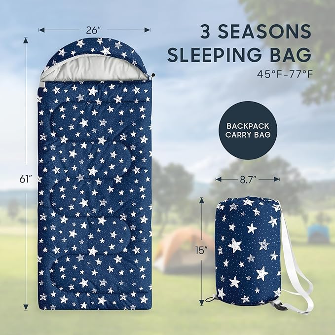 Wake In Cloud - Star Kids Sleeping Bag for Boys Girls Toddlers Camping in Warm Cold Weather Backpacking Lightweight Compact Outdoor Liner for 3 Seasons Summer Spring Fall