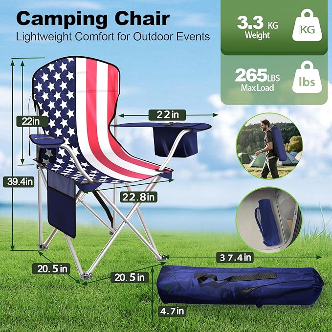 Folding Camping Chairs Durable 600D Oxford Portable Outdoor Chair with Cooler Pouch Cup Holder &amp Storage Pocket for Camping Beach Fishing
