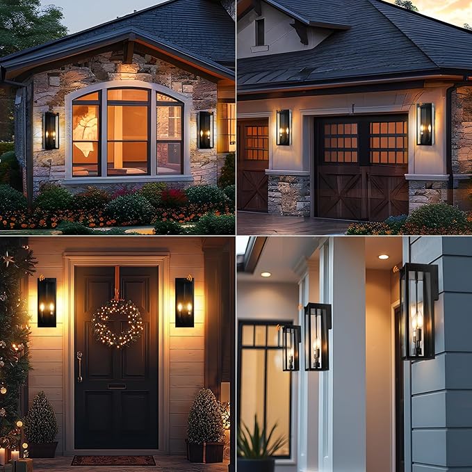 16” Dusk to Dawn Outdoor Lighting 2 Pack Black Modern Porch Outside Lights for House 2-Light Photocell Sensor Exterior Patio Coach Wall Lanterns Outside Garden Sconce Lamps Waterproof E12