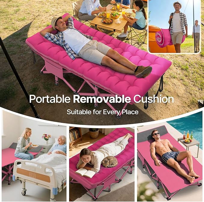 Suteck 32In XXL Folding Camping Cot 900LBS Heavy Duty Sleeping Cot with Pillow Mattress 1200D Double-Layer Oxford Portable Cot for Adults with Carry Bag for Home Office Nap Beach Travel