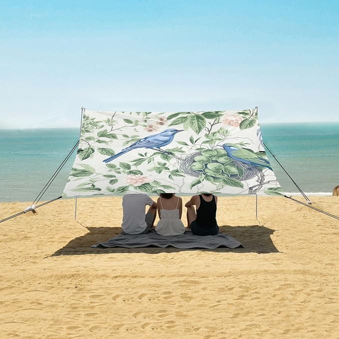Birds and Leaves Beach Tent Sun Shelter 9.2' x 10.5' Beach Canopy with 4 Sandbags 4 Stability Poles Sand Shovels - Tent Canopy for Beach Camping Fishing Picnics