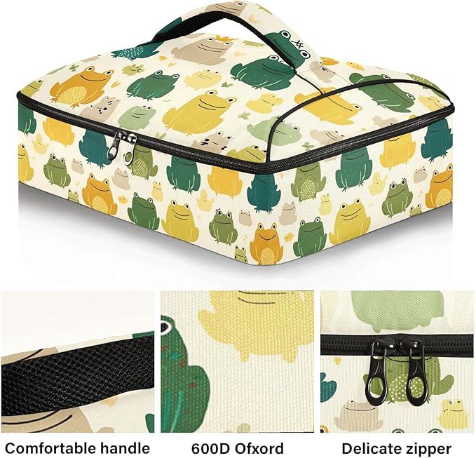 Casserole Carrier Cute Cartoon Frog PatternInsulated Casserole Carrier for Hot or Cold Food Thermal Lunch Tote for Potluck Parties Picnic Beach Fits 9 x 13 Inches Baking Dish