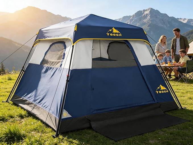 3/4 Person Camping Tent with 1 Door 4 Windows and Upgraded Ventilation– Instant Setup Waterproof 8'x 8'x 67''Oxford Fabric Floor Pop Up in 60 Seconds Includes Rainfly and Backpack