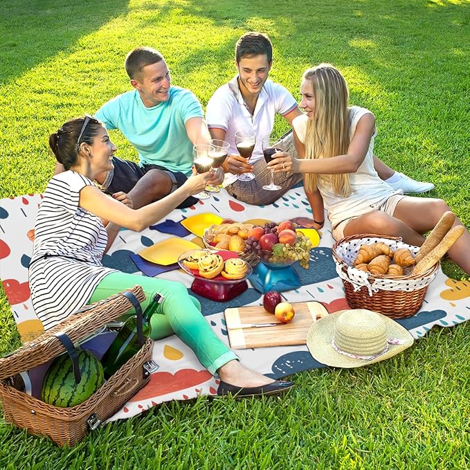 Waterproof Sandproof Beach Blanket 59''×68'' Rainbow Clouds Polyester Outdoor Picnic Blanket with 4 Stakes &amp Storage Bag for BeachCampingVacation Multi-Color