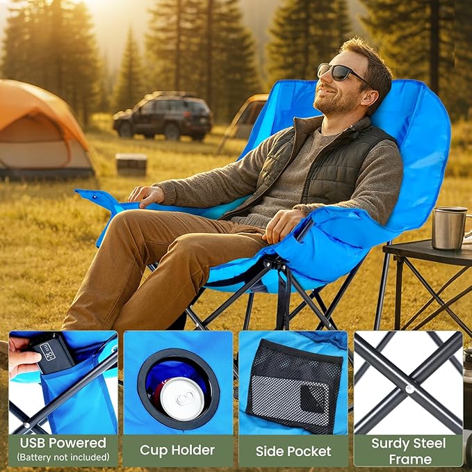 ABORON Heated Oversized Rocking Camping Chair for Adults Fully Padded Folding Outdoor Lawn Chair with Side Pocket Portable Recliner Chair for Camp Patio Backyard Supports 400 lbs