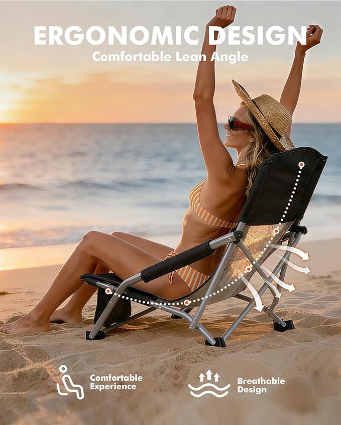 AKSOUL Folding Beach Chair for Adults: Low/High Back Chairs with Carry Bag - Extra Wide Seat Chair with Comfortable Pillow &amp Storage Pocket (1 Pack &amp 2 Pack Blue)