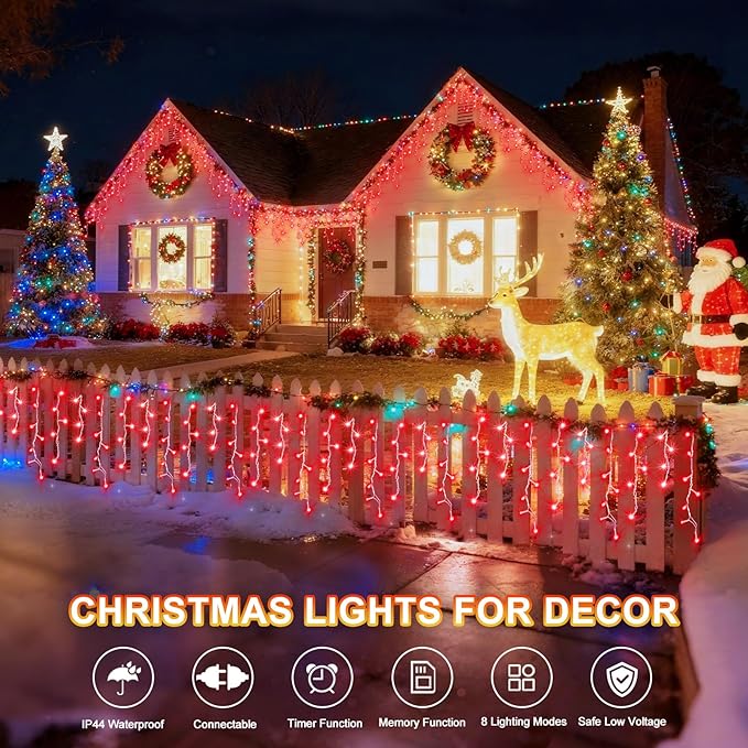 KNONEW Christmas Lights Outdoor Decorations 400 LED 33ft 8 Modes Curtain Fairy String Light with 75 Drops Clear Wire LED Hanging Light Decor for Wedding Party Holiday Christmas Decorations (Red)