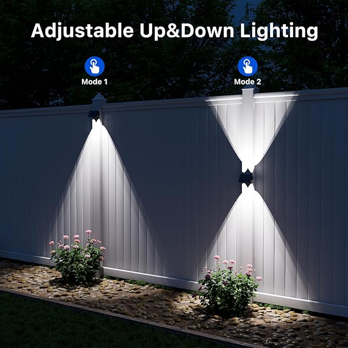 4 Pack Solar Powered Wall Lights for Outside Up and Down Fence Mount LED Outdoor Decorative Waterproof Lamps for Porch Deck Patio Yard Gate 4 Lenses Designed for Accent Lighting (Cool White)