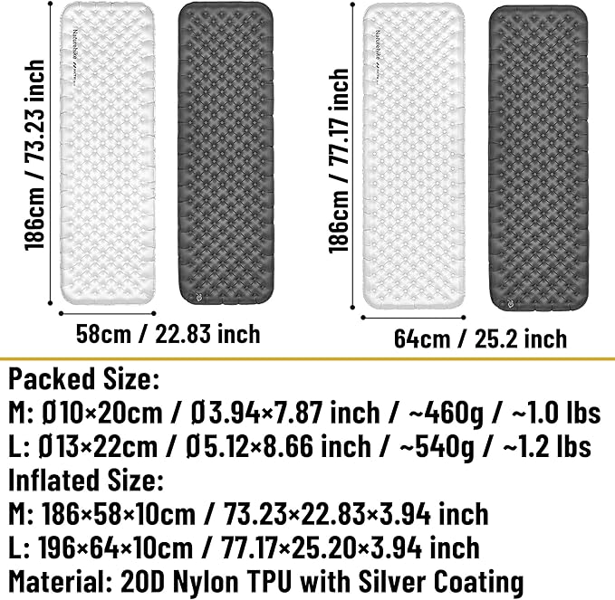 Naturehike 1.2 lbs Ultralight Sleeping Pad - 6.5 R-Value Insulated Inflatable Sleeping Pad 10cm Thickened Portable Compact Backpacking Sleeping Mat for Camping Hiking Climbing with Inflatable Bag
