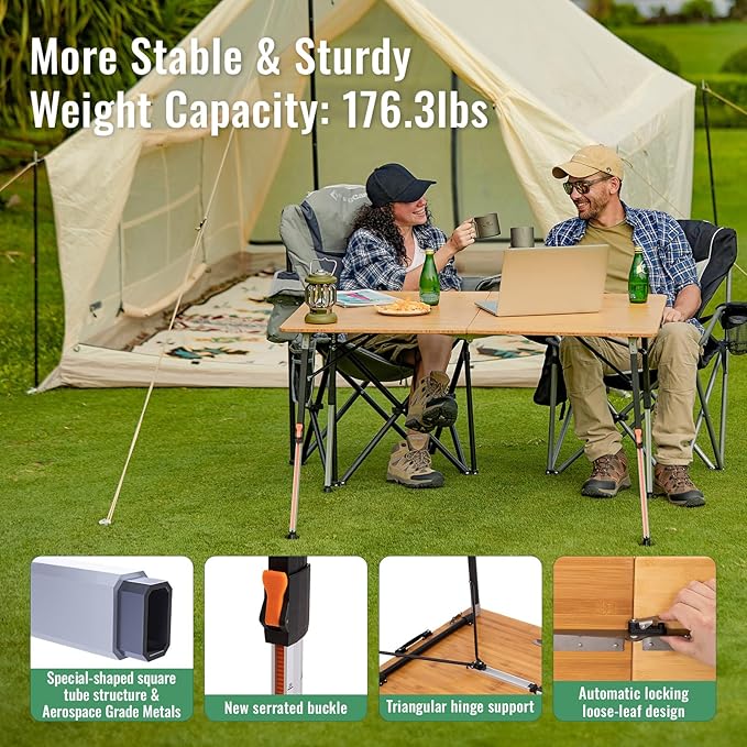 KingCamp Bamboo Folding Table 4-Fold Camping Adjustable Height Portable Outdoor Lightweight &amp Compact Table with Aluminum Frame for RV Picnic BBQ Tailgating