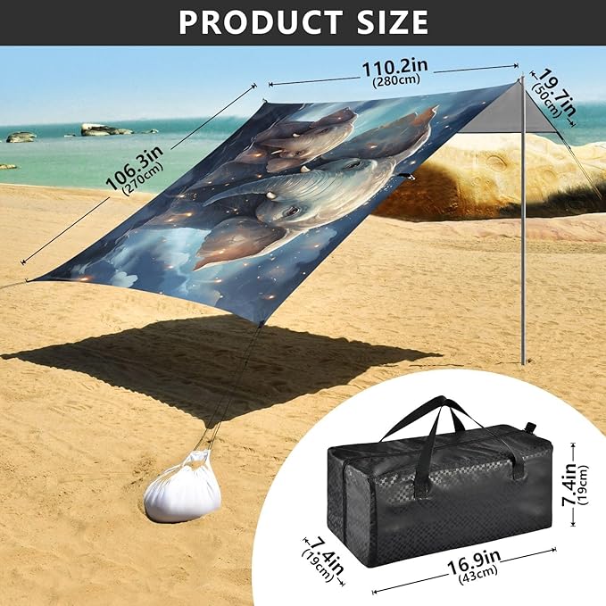 ALAZA Cute Elephant Beach Tent Sun Shelter UPF50+ Protection Beach Shade Canopy w/ 4 Sandbags for Outdoor Camping Fishing Backyard Fun Picnic 10x9 ft