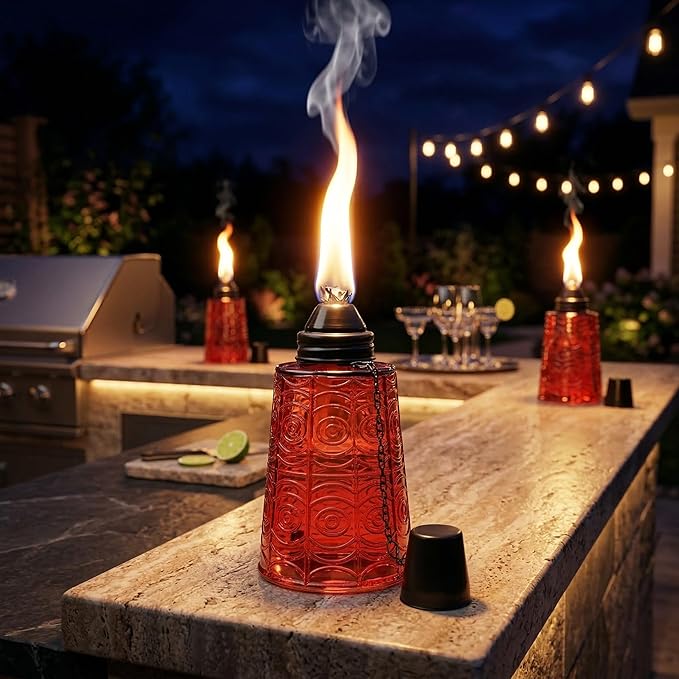Seraphic Citronella Table Top Torches for Outdoor Patio 16oz Decorative Glass Torch Citronella Candles for Outside Deck Garden Parties Set of 3 Red