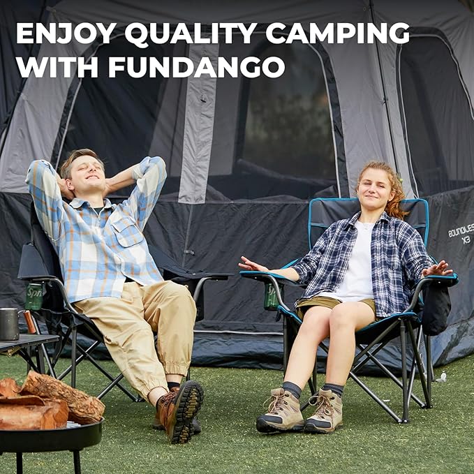 FUNDANGO Oversized Camping Chair for Adults Heavy Duty Portable Foldable Lawn Chair with Padded Seat &amp Back Lumbar Support 4-can Cooler &amp Cup Holder Carry Bag Included for Outdoor
