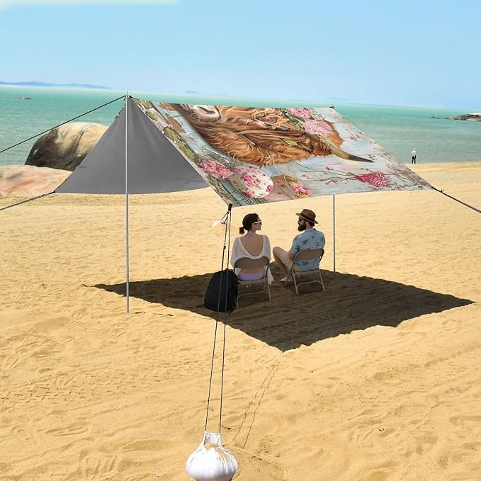 ALAZA Cow Bull Easter Eggs Beach Tent Sun Shelter UPF50+ Protection Beach Shade Canopy w/ 4 Sandbags for Outdoor Camping Fishing Backyard Fun Picnic 10x9 ft