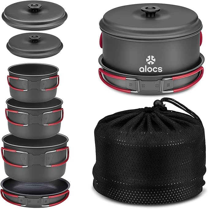 Alocs Camping Cookware Set Camping Gear Compact Camping Pots and Pans Set Durable Hard Alumina Camping Cooking Set for Outdoor Backpacking Camping Hiking Picnic Included Mesh Carry Bag