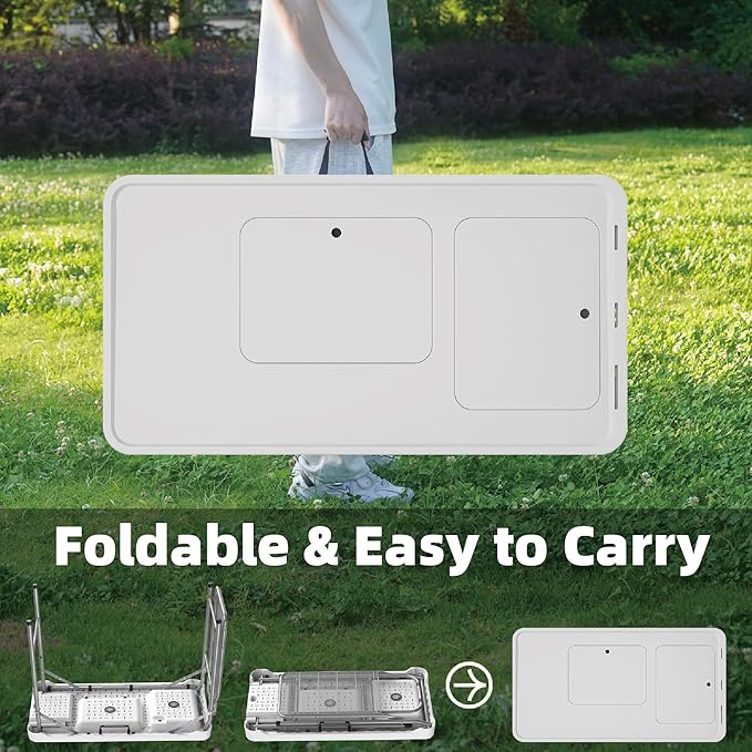 Allpop Fish Cleaning Table with 2 Sinks 42.5'' Portable Folding Camping Fish Station with Extanded Stand Grid Rack Faucet Drainage Hose Sprayer Storage Box Drawer &amp Grooves for Picnic Whit