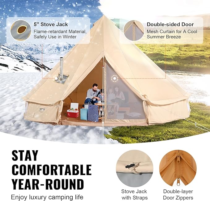 VEVOR Canvas Tent Bell Yurt 4 Seasons for Camping with Stove Jack Breathable Holds up to 4 People Family Camping Outdoor Hunting Party