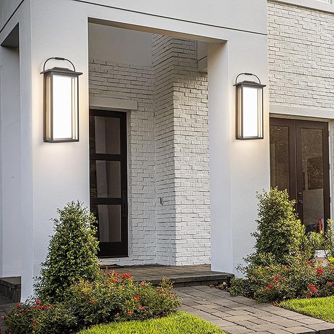 24 Ht Modern Oversized Outdoor Super Bright Wall Sconce with Built-in 2x20W LED Covered by Milky White Acrylic and Clear Glass Suitable for Big House Extra High Walls and Gates.