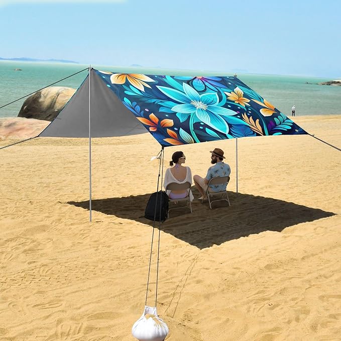 Camping Sun Shelters Blue and Tan Flower Pattern Beach Canopy 126 * 110.2in