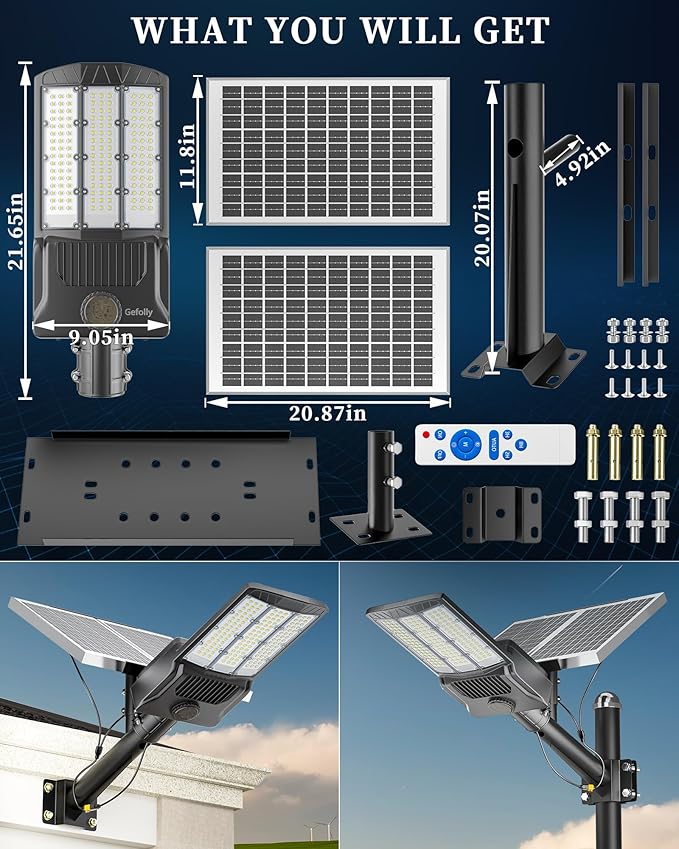 Gefolly Solar Street Lights Outdoor Commercial Parking Lot Light Dusk to Dawn IP67 Waterproof 6500K Security Flood Lights Lamp for Yard Road Basketball Courts (SL-8800W 550000LM)