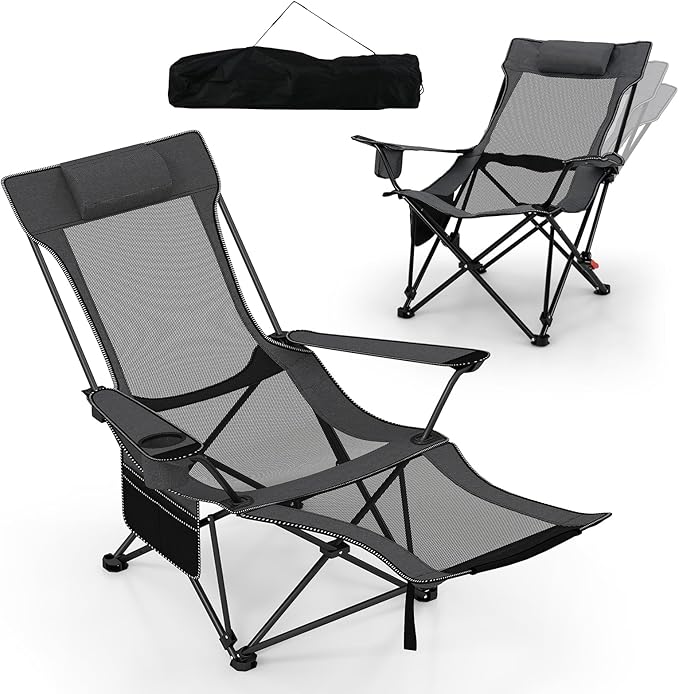Goplus Camping Lounge Chair w/Detachable Footrest Folding Beach Chair w/4-position Backrest Carrying Bag Removable Pillow Cup Holder Storage Pouch Reclining Chair 330LBS Capacity (Grey1)