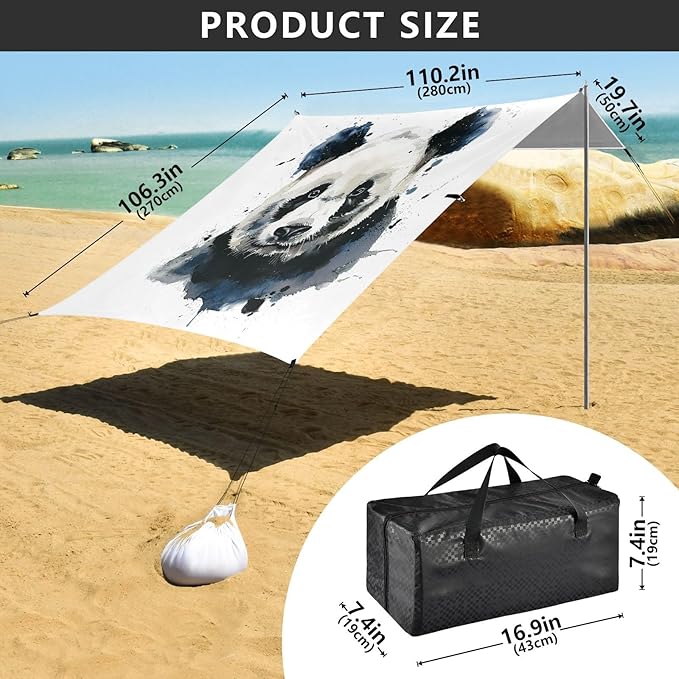 ALAZA Watercolor Panda Portrait Beach Tent Sun Shelter UPF50+ Protection Beach Shade Canopy w/ 4 Sandbags for Outdoor Camping Fishing Backyard Fun Picnic 10x9 ft