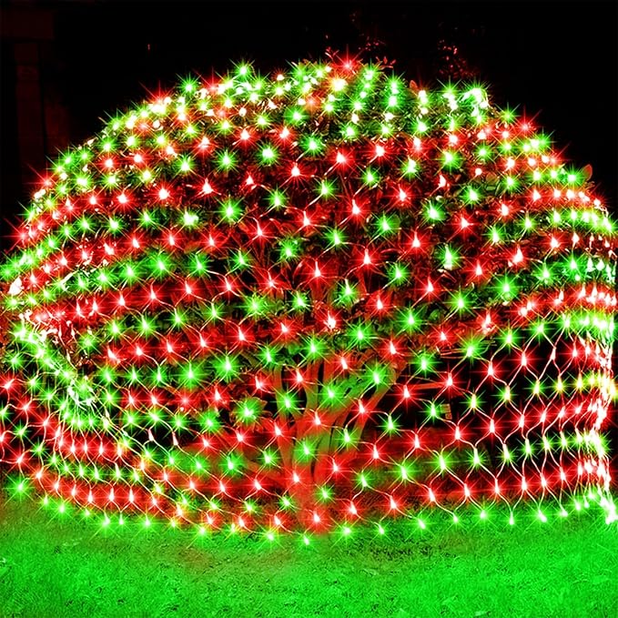 WATERGLIDE Outdoor Christmas Net Lights 12FT x 5FT 360 LED Mesh String Light with 8 Lighting Mode Connectable Waterproof Lights for Garden Tree Bushes Holiday Wedding Party Decoration Red &amp Gr