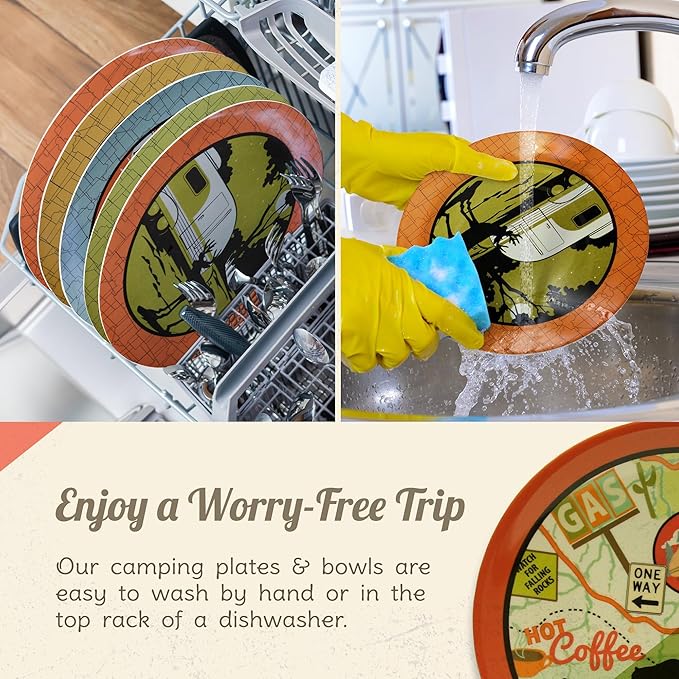 Melamine Plates &amp Bowls Set - 12-Piece Dish Set for Indoor &amp Outdoor Dining - BPA Free Top Shelf Dishwasher Suitable Dinnerware Set - Sturdy Melamine Dinnerware Sets - Camping Dishes by Camp