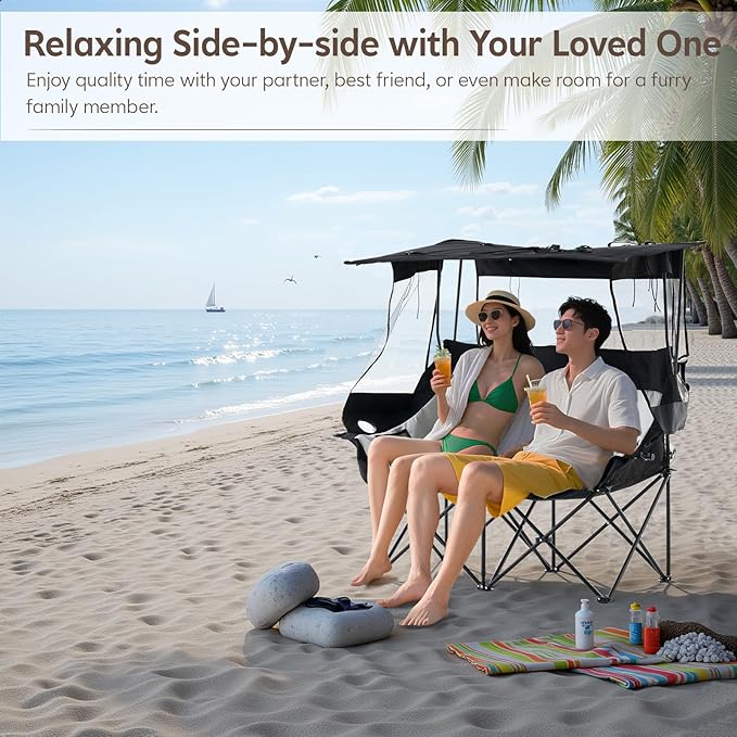 TUKAILAi Double Camping Chair with Canopy Shade Oversized Folding 2 Person Loveseat with Cup Holders and Side Pockets Portable Outdoor Couch for Beach Lawn Picnic Fishing (Black + Grey)
