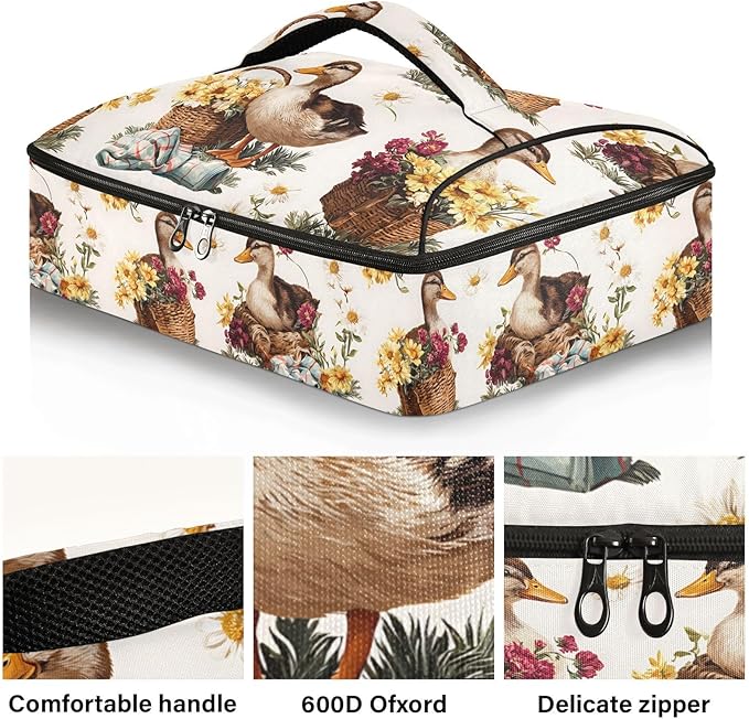 Casserole Carrier Cartoon DucksInsulated Casserole Carrier for Hot or Cold Food Thermal Lunch Tote for Potluck Parties Picnic Beach Fits 9 x 13 Inches Baking Dish