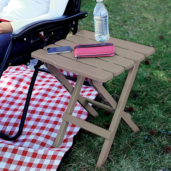 Camco Adirondack Portable Outdoor Camping Small Weatherproof Rustproof Durable Plastic Folding Side Table for Indoor and Outdoor Use 2 Pack Taupe