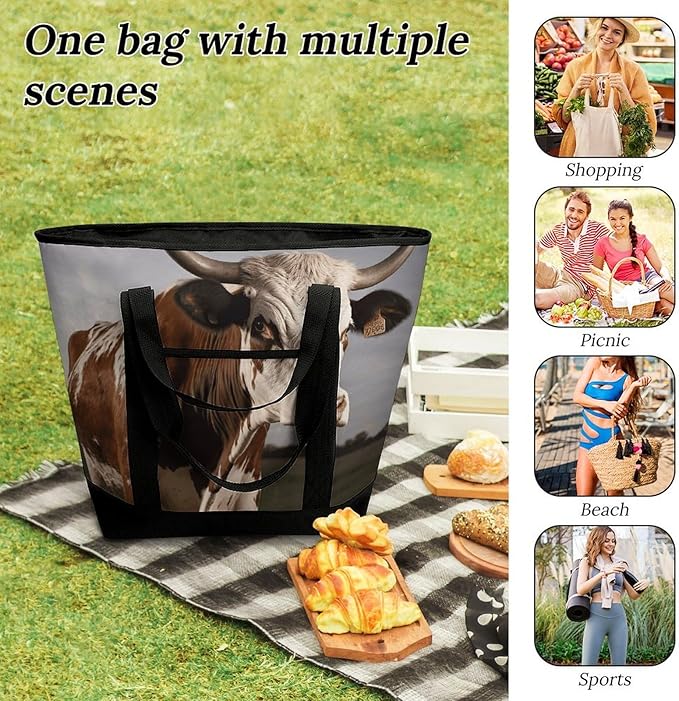 Insulated Shopping BagLarge Reusable Cooler Bags Cow Printed Foldable Shopping BagTravel Waterproof Shoulder Bag
