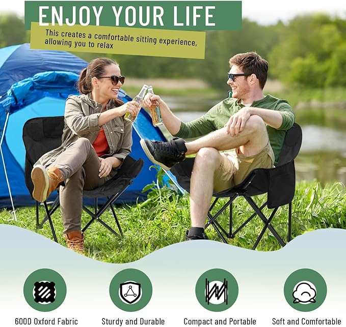 2 Pack Compact Camping Chairs Portable Folding for Outside with Carry Bag Lightweight Moon Chairs for Travel Picnic Hiking Beach Fishing 600D Oxford Supports 330lbs(Black)