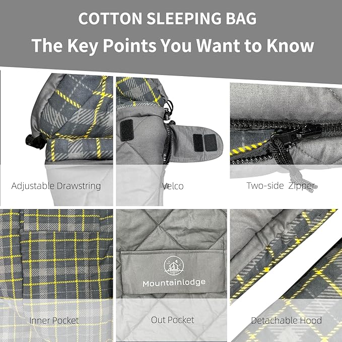 Mountainlodge 100% Cotton Shell and Lining Sleeping Bag for Adult Cold Weather with Compression Bag&ampCarry Bag for CampingTravel and Car Camping