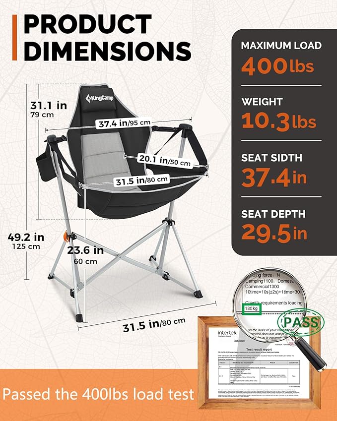 KingCamp Hammock Camping Chair Swinging Portable Folding Camp Chairs for Adults Max 400lbs Heavy Duty Foldable Oversized Rocker with Aluminum Alloy Frame Cup Holder for Outdoor Beach Patio Sport