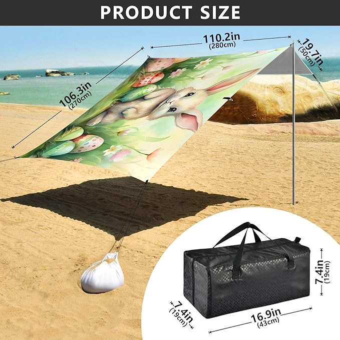ALAZA Easter Rabbit Eggs Beach Tent Sun Shelter UPF50+ Protection Beach Shade Canopy w/ 4 Sandbags for Outdoor Camping Fishing Backyard Fun Picnic 10x9 ft