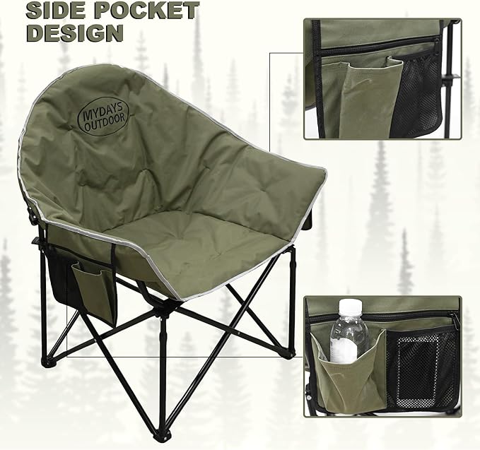 Oversized Camping Chair Portable Folding Moon Chair with Side Pocket Heavy Duty Outdoor Chair for Camping 400lbs Support (Green)