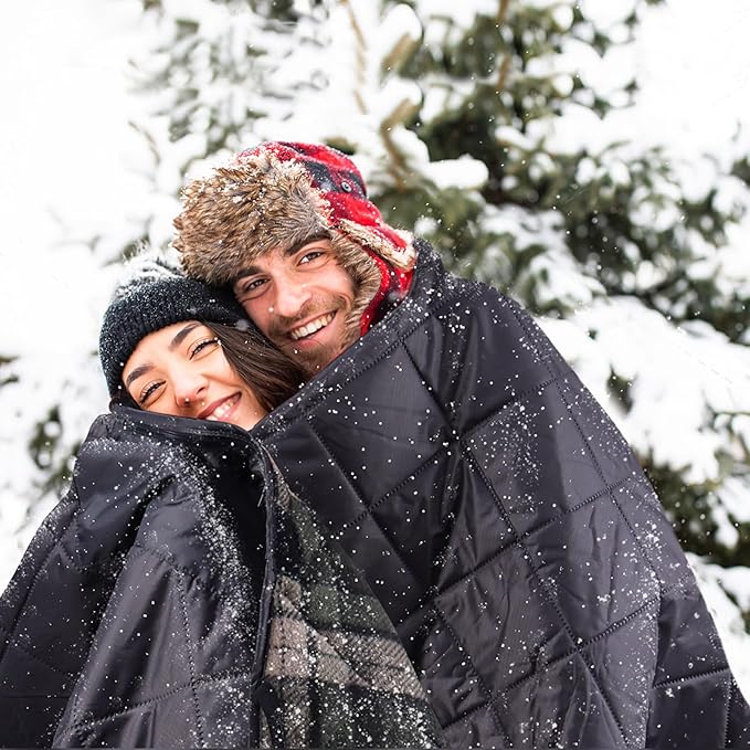 DUKUSEEK Waterproof Stadium Blanket Hooded Outdoor Blankets Waterproof Windproof for Cold Weather Emergency Warm Blanket with Quilted Cotton and Thick Fleece for Picnic Camping Outdoor Sports…