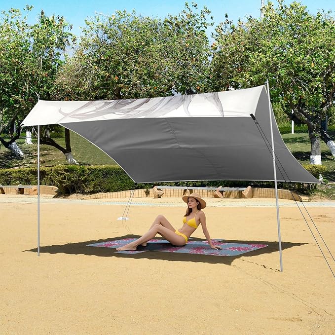 Line Dragon Beach Tent Sun Shelter 9.2' x 10.5' Beach Canopy with 4 Sandbags 4 Stability Poles Sand Shovels - Tent Canopy for Beach Camping Fishing Picnics
