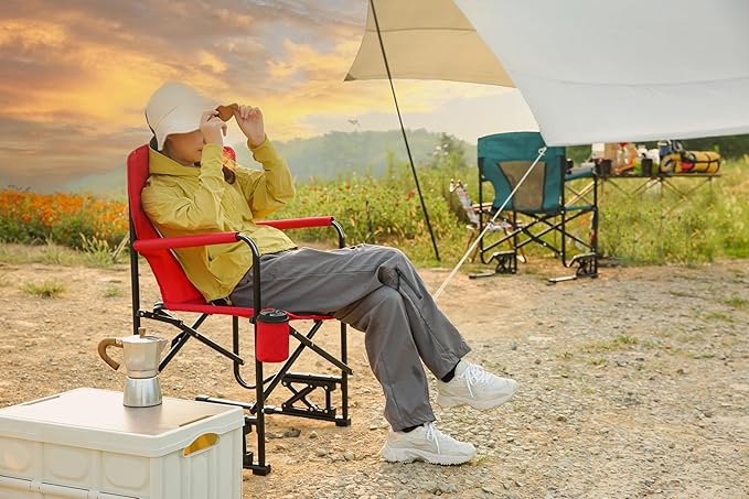 Outdoor Freestyle Rocker Camping Chair Portable Folding Rocking Chair with Solid Armrests Drink Holder Comfortable Backrest Red