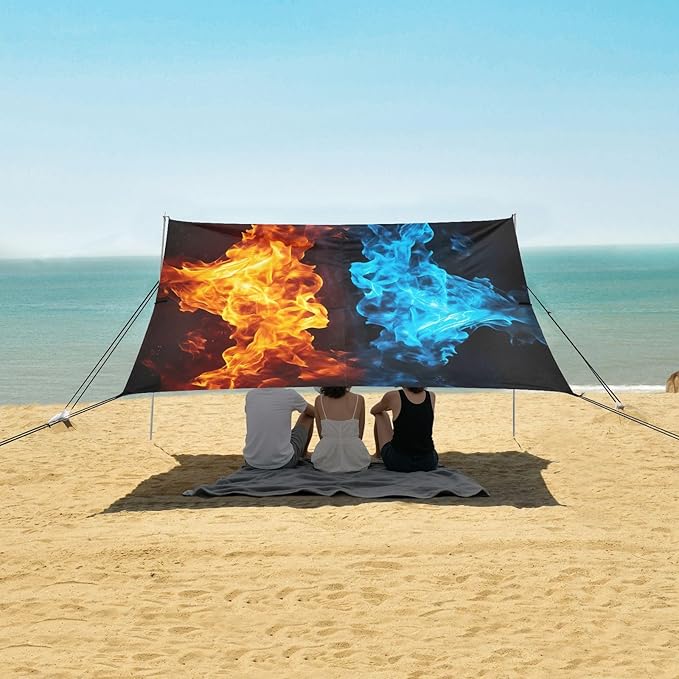 Red Blue Flame Beach Tent Sun Shelter 9.2' x 10.5' Beach Canopy with 4 Sandbags 4 Stability Poles Sand Shovels - Tent Canopy for Beach Camping Fishing Picnics