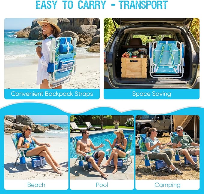 Old Bahama Bay Beach Chairs for Adults 7-Position Classic Lay Flat Beach Chair Reclining Beach Chair Portable Aluminum Backpack Beach Chair with Towel Bar &amp Cooler Bag