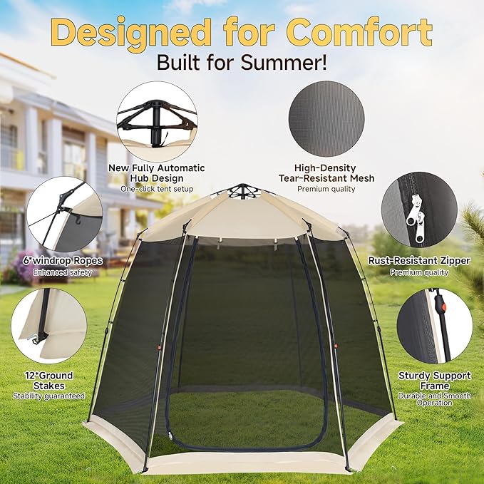EighteenTek Screen House Gazebo 2-4-6 Person Pop Up Screen Tent Instant Screen Room with Carry Bag Outdoor Mosquito Tent Pop-Up Sun Shade Shelter for Patio Garden Backyard Deck